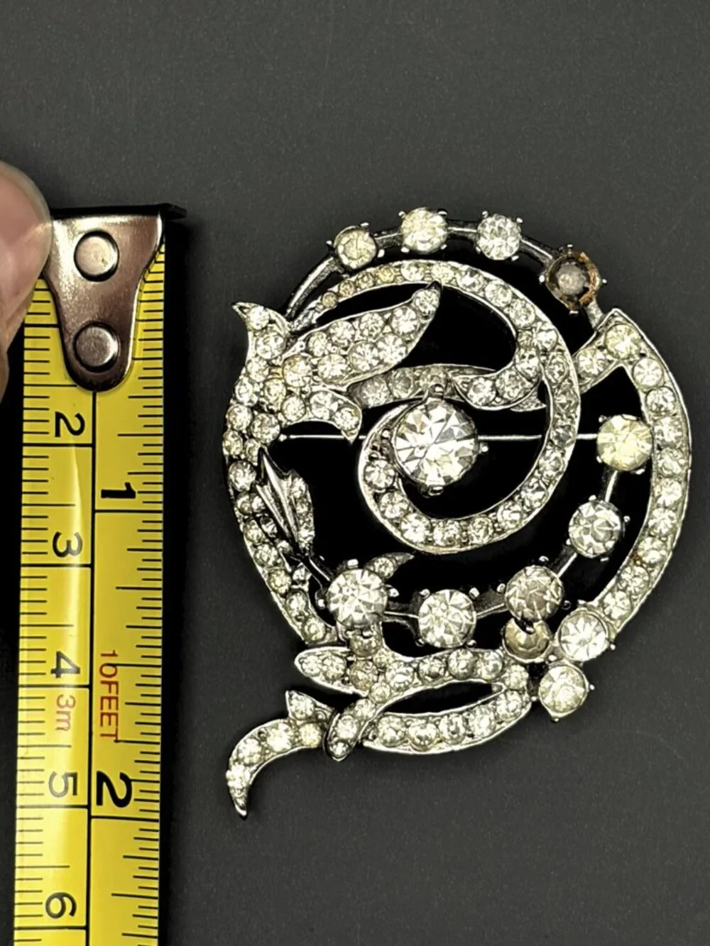 Vintage Crystal Rhinestone Brooch Pin Silver Tone Statement Swirl Jewelry